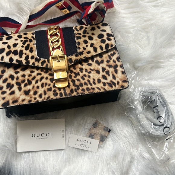 💯% Auth GUCCI Leather Bag - Sylvie Calf Hair Harako Leopard Print Shoulder Bag - Picture 11 of 17